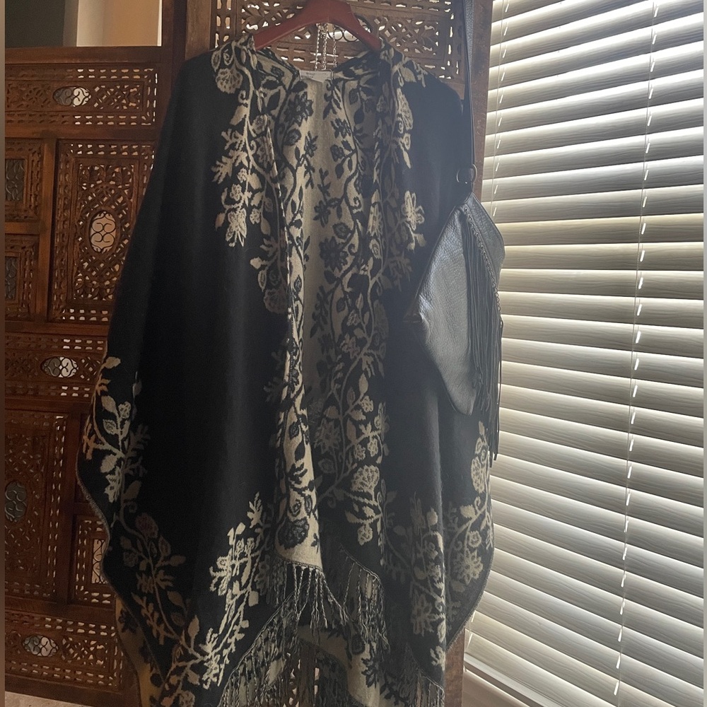 Cost Plus World Market Black and Cream Floral Fringe Cape Reversible
